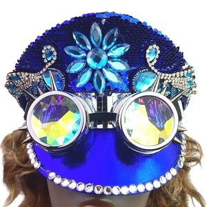 Blue Sequin Captains Hat Goggles Spikes Rhinestones Festival Rave Cosplay NWT
